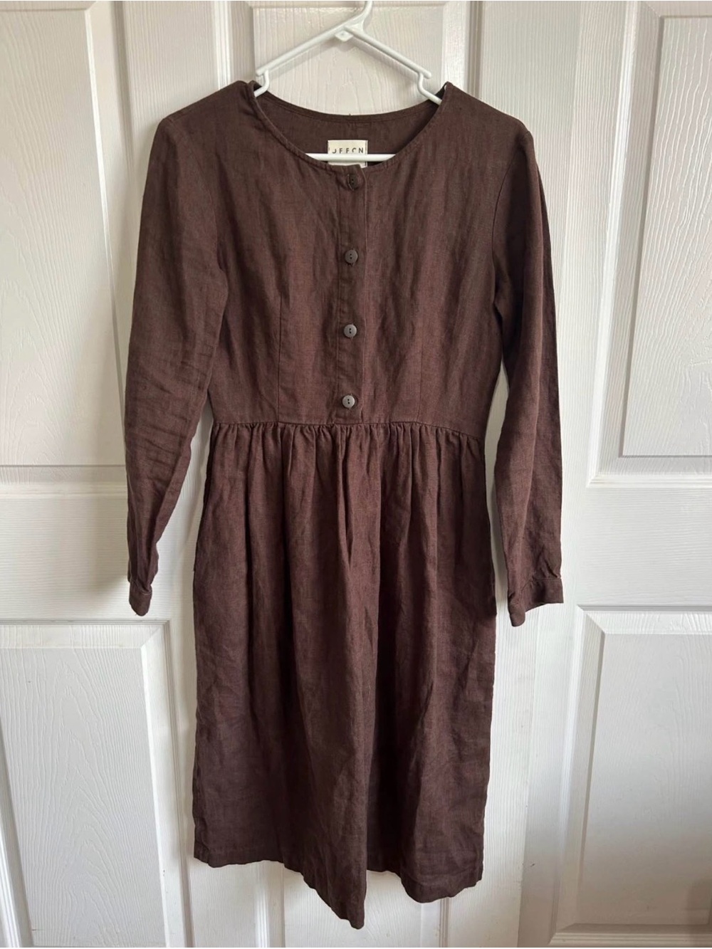Offon Brown Long-Sleeve Midi Dress with Gathered Waist
